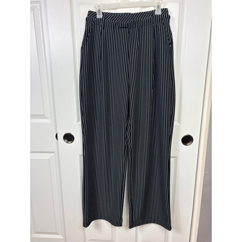 I Believe Women's Dressy Casual Pants Wide Leg Black and White Striped Size L